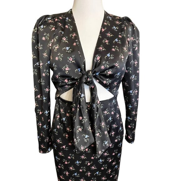 WAYF Black Ditsy Floral Dress Satin Tie Bare Midriff Cutout Puff Sleeve NWT Med - Picture 4 of 5